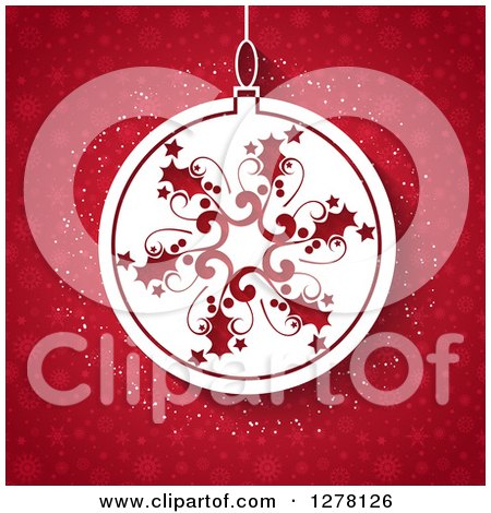 Clipart of a White Snowflake Christmas Bauble over Red Snowflakes - Royalty Free Vector Illustration by KJ Pargeter