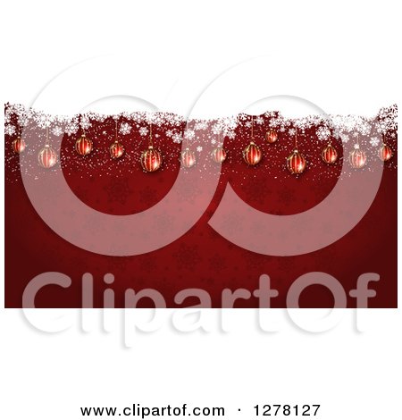 Clipart of a 3d Suspended Christmas Baubles over a Pattern of Red Snowflakes and a Top White Border - Royalty Free Vector Illustration by KJ Pargeter