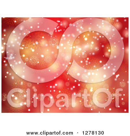 Clipart of a Red Christmas Background of Gold Bokeh with Snowflakes - Royalty Free Vector Illustration by KJ Pargeter
