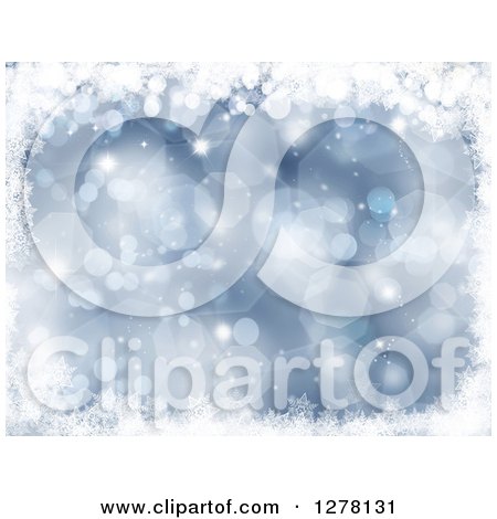 Clipart of a Christmas Background of Blue Bokeh Flares and Snowflakes - Royalty Free Illustration by KJ Pargeter