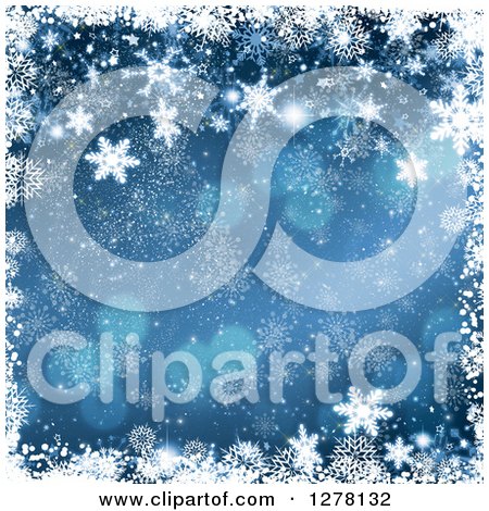 Clipart of a Christmas Background of Blue Bokeh Flares and Snowflakes 2 - Royalty Free Illustration by KJ Pargeter