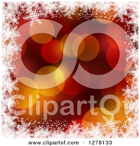 Clipart of a Christmas Background of Red and Gold Bokeh Flares and White Snowflakes 2 - Royalty Free Illustration by KJ Pargeter