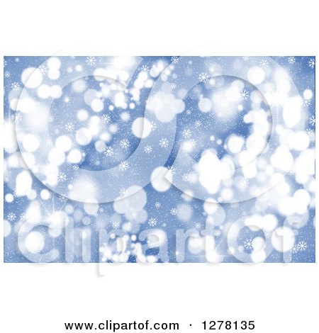 Clipart of a Christmas Background of Blue Bokeh Flares and Snowflakes 3 - Royalty Free Illustration by KJ Pargeter