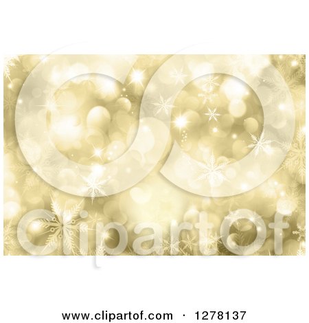 Clipart of a Christmas Background of Gold Bokeh Flares and Snowflakes - Royalty Free Illustration by KJ Pargeter