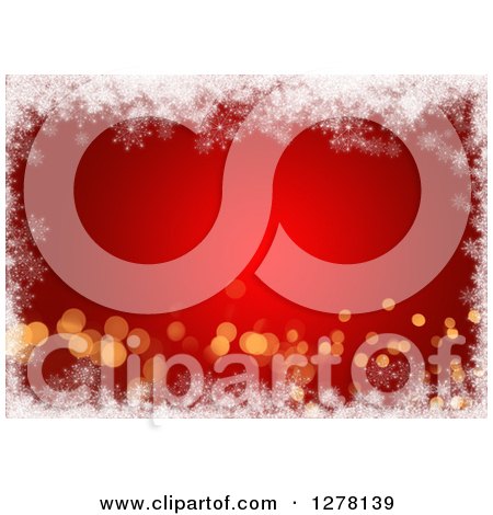 Clipart of a Christmas Background of Red and Gold Bokeh Flares and White Snowflakes - Royalty Free Illustration by KJ Pargeter