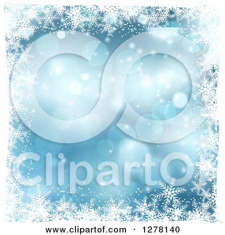 Clipart of a Blue Christmas Background of Bokeh with a Border of White Snowflakes - Royalty Free Vector Illustration by KJ Pargeter