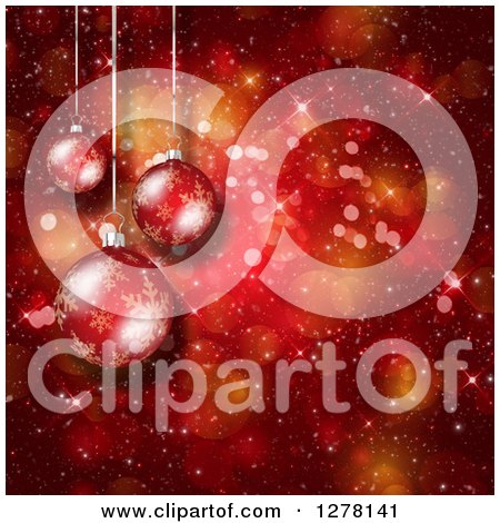 Clipart of a Christmas Background of 3d Snowflake Ornaments Suspended over Red Bokeh Flares - Royalty Free Illustration by KJ Pargeter