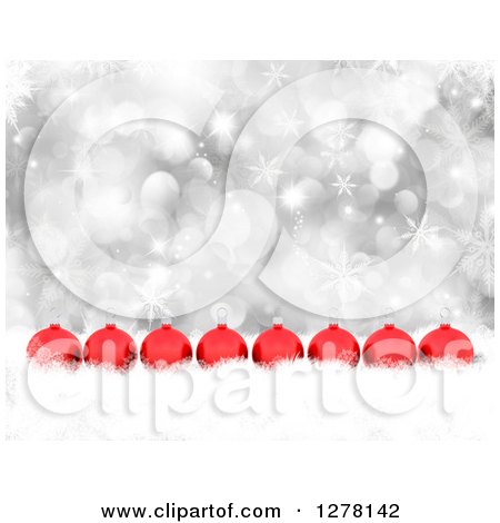 Clipart of a Christmas Background of 3d Red Ornaments in a Row in Snow, over Silver Bokeh and Snowflakes - Royalty Free Illustration by KJ Pargeter