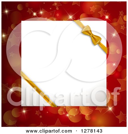 Clipart of a 3d White Gift Box Top with a Gold Bow over Red Bokeh Flares and Stars - Royalty Free Vector Illustration by KJ Pargeter