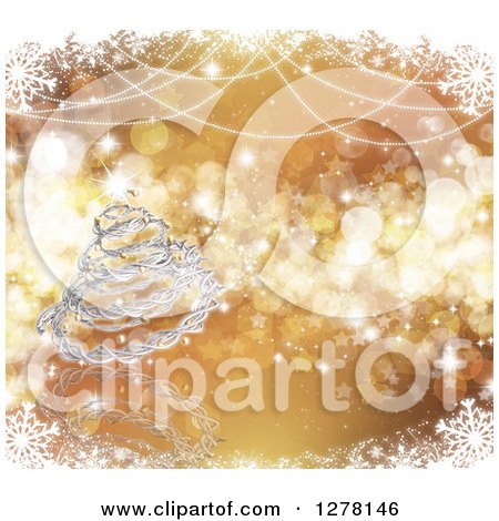Clipart of a 3d Silver Wire Christmas Tree over Gold Stars and Bokeh in a Frame of Snowflakes - Royalty Free Illustration by KJ Pargeter