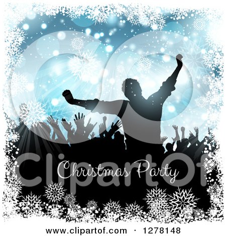 Clipart of a Silhouetted Group of People Dancing at a Christmas Party over Blue with Snowflakes and Bokeh over Text - Royalty Free Vector Illustration by KJ Pargeter