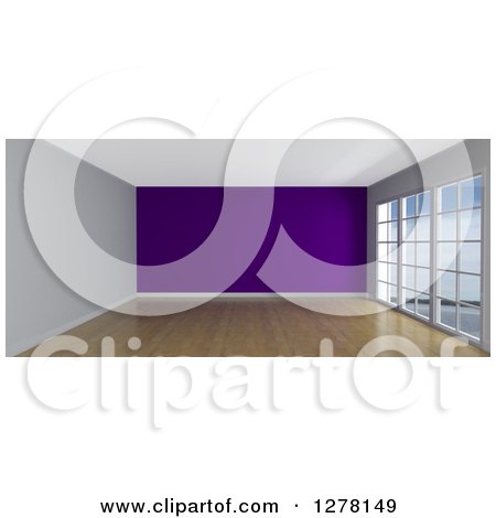 Clipart of a 3d Empty Room Interior with Floor to Ceiling Windows and a Purple Wall - Royalty Free Illustration by KJ Pargeter