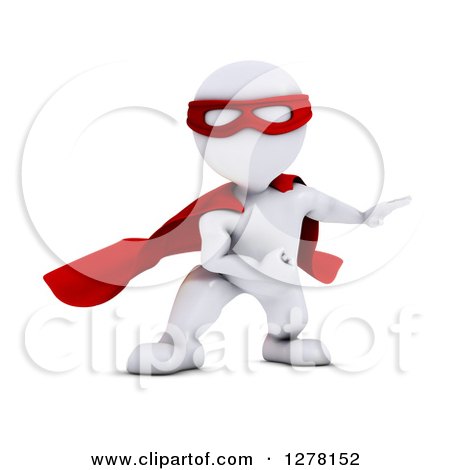 Clipart of a 3d White Man Super Hero Landing from Flight - Royalty Free Illustration by KJ Pargeter