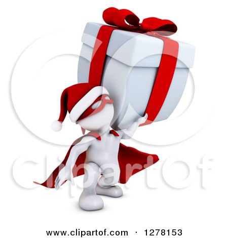Clipart of a 3d White Super Hero Santa Man Landing with a Christmas Gift - Royalty Free Illustration by KJ Pargeter