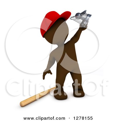 Clipart of a 3d Brown Man Baseball Player Holding up a Trophy - Royalty Free Illustration by KJ Pargeter