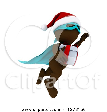 Clipart of a 3d Brown Super Hero Santa Man Flying with a Christmas Gift - Royalty Free Illustration by KJ Pargeter