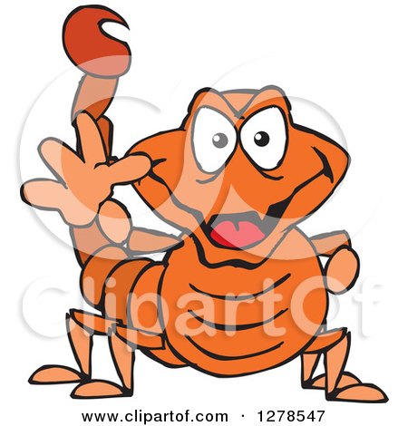 Clipart of a Grinning Orange Scorpion Waving - Royalty Free Vector Illustration by Dennis Holmes Designs