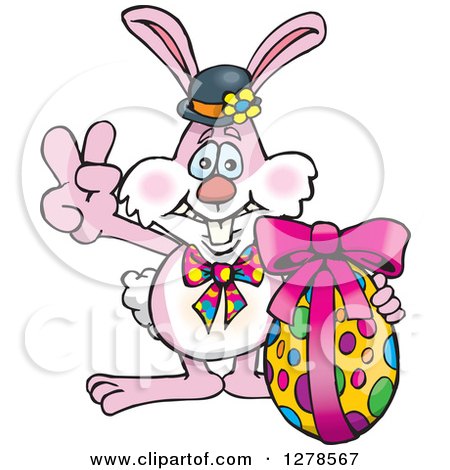Clipart of a Pink Easter Bunny Gesturing Peace by an Egg - Royalty Free Vector Illustration by Dennis Holmes Designs