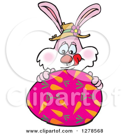 Clipart of a Pink Easter Bunny Licking His Lips Behind a Large Egg - Royalty Free Vector Illustration by Dennis Holmes Designs