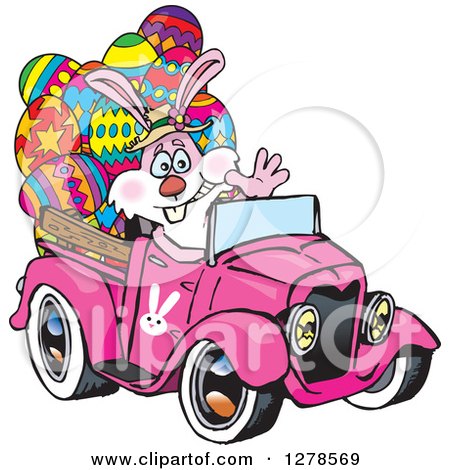 Clipart of a Pink Easter Bunny Waving and Driving a Pink Pickup Truck Full of Eggs - Royalty Free Vector Illustration by Dennis Holmes Designs