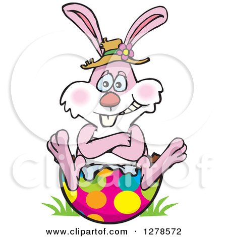 Clipart of a Pink Easter Bunny Sitting on a Broken Egg - Royalty Free Vector Illustration by Dennis Holmes Designs