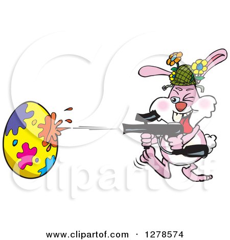 Clipart of a Pink Easter Bunny Using a Paintball Gun to Decorate an Egg - Royalty Free Vector Illustration by Dennis Holmes Designs
