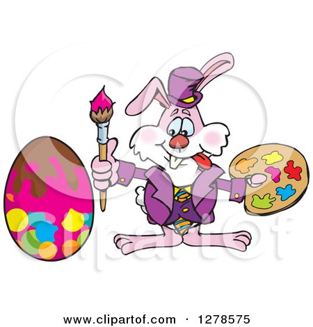 Clipart of a Pink Easter Bunny Artist Painting an Egg - Royalty Free Vector Illustration by Dennis Holmes Designs