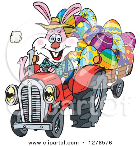 Clipart of a Pink Easter Bunny Pulling a Cart of Eggs with a Tractor - Royalty Free Vector Illustration by Dennis Holmes Designs