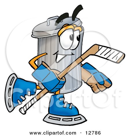 Clipart Picture of a Garbage Can Mascot Cartoon Character Playing Ice Hockey by Mascot Junction