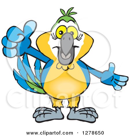 Clipart of a Blue and Yellow Macaw Parrot Holding a Thumb up - Royalty Free Vector Illustration by Dennis Holmes Designs
