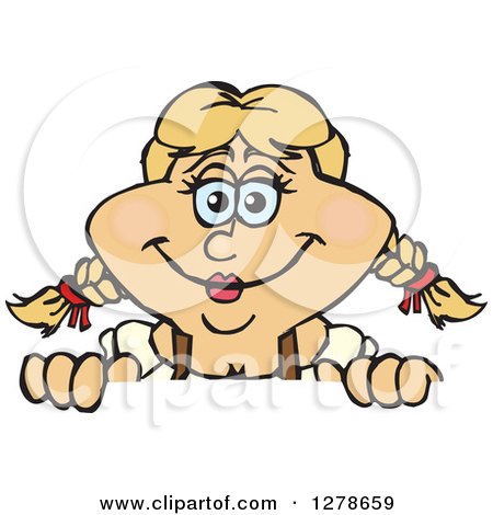 Clipart of a Happy German Oktoberfest Woman Peeking over a Sign - Royalty Free Vector Illustration by Dennis Holmes Designs