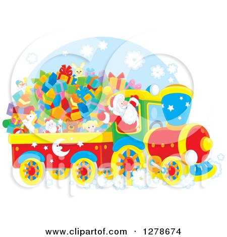Clipart of a Cheerful Santa Claus Driving a Train Full of Christmas Gifts and Toys - Royalty Free Vector Illustration by Alex Bannykh