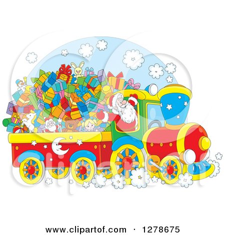 Clipart of a Cheerful Santa Driving a Train Full of Christmas Gifts and Toys - Royalty Free Vector Illustration by Alex Bannykh