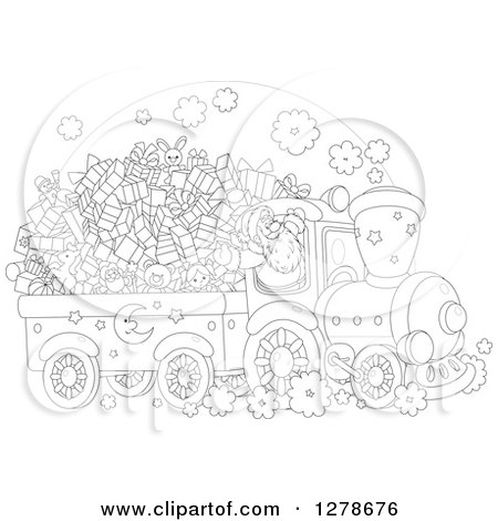 Clipart of a Black and White Santa Driving a Train Full of Christmas Gifts and Toys - Royalty Free Vector Illustration by Alex Bannykh