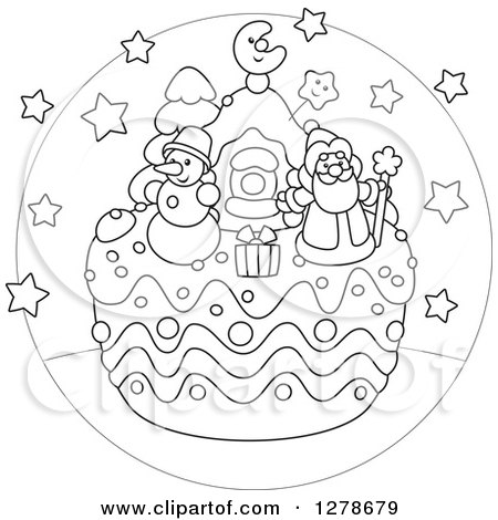 Clipart of a Black and White Festive Christmas Cake with Santa, a Snowman, Gift and House in a Circle - Royalty Free Vector Illustration by Alex Bannykh