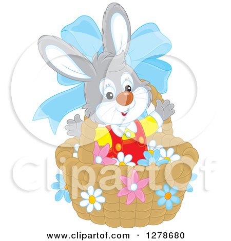Clipart of a Happy Easter Bunny Rabbit in a Basket with a Blue Bow and Flowers - Royalty Free Vector Illustration by Alex Bannykh