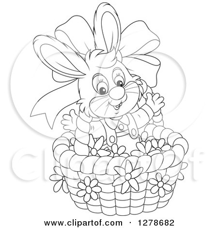 Clipart of a Black and White Happy Easter Bunny Rabbit in a Basket with a Bow and Flowers - Royalty Free Vector Illustration by Alex Bannykh
