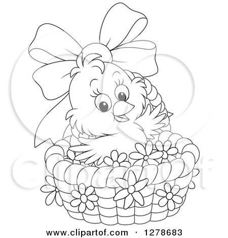 Clipart of a Black and White Cute Easter Chick in a Basket with a Bow and Flowers - Royalty Free Vector Illustration by Alex Bannykh