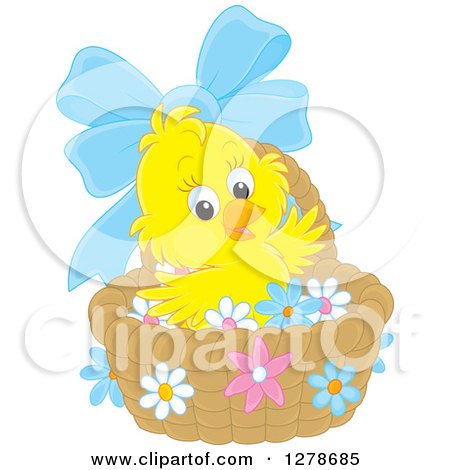 Clipart of a Cute Easter Chick in a Basket with a Blue Bow and Flowers - Royalty Free Vector Illustration by Alex Bannykh