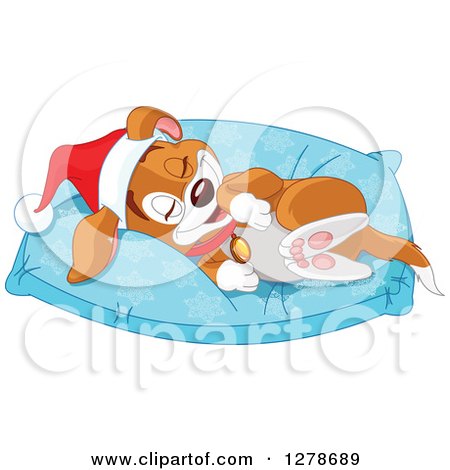 Clipart of a Cute Happy Christmas Puppy Dog Wearing a Santa Hat and Resting on a Comfortable Pillow - Royalty Free Vector Illustration by Pushkin