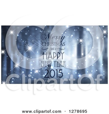 Clipart of a 2015 Merry Christmas and a Happy New Year Greeting over a Blurred Foggy Forest and Sparkles - Royalty Free Vector Illustration by KJ Pargeter