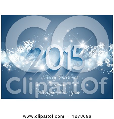 Clipart of a 2015 Happy New Year Greeting on Blue with Sparkles and Snowflakes - Royalty Free Vector Illustration by KJ Pargeter