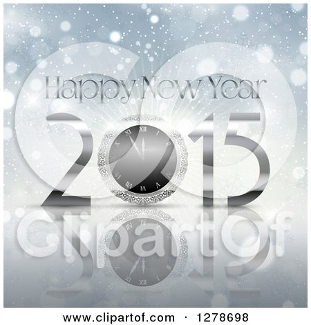 Clipart of a 2015 Happy New Year Greeting with a Clock on a Reflective Bokeh Background - Royalty Free Vector Illustration by KJ Pargeter
