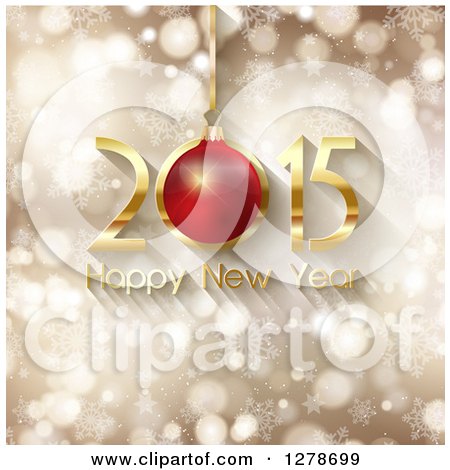 Clipart of a Gold and Red 3d 2015 Happy New Year Greeting on with a Bauble on Gold Bokeh with Snowflakes - Royalty Free Vector Illustration by KJ Pargeter