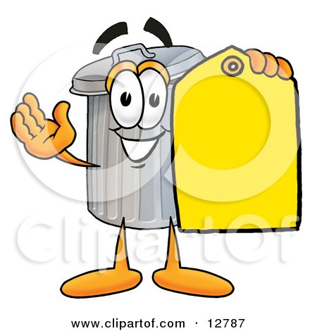 Clipart Picture of a Garbage Can Mascot Cartoon Character Holding a Yellow Sales Price Tag by Mascot Junction