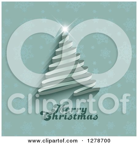 Clipart of a Fancy Merry Christmas Greeting Under a Ribbon Christmas Tree on Green Snowflakes - Royalty Free Vector Illustration by KJ Pargeter