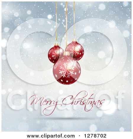 Clipart of a Fancy Merry Christmas Greeting with Red 3d Suspended Baubles on Blue Snowflakes and Bokeh - Royalty Free Vector Illustration by KJ Pargeter