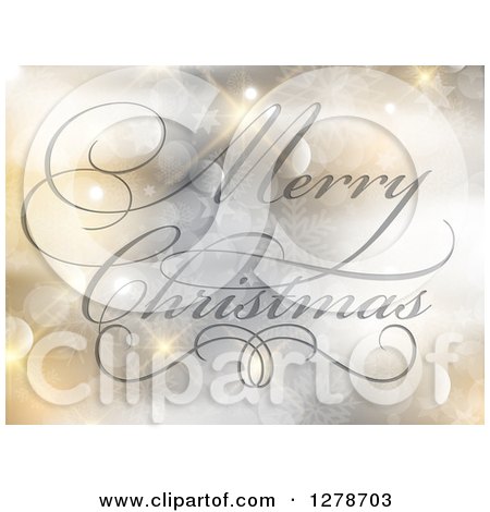 Clipart of a Fancy Merry Christmas Greeting over Golden Stars and Snowflakes - Royalty Free Vector Illustration by KJ Pargeter