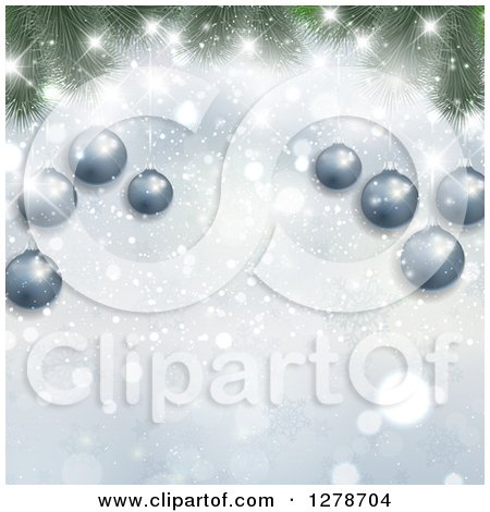 Clipart of a Blue Christmas Background of 3d Suspended Ornaments on Branches over Snowflakes and Bokeh - Royalty Free Vector Illustration by KJ Pargeter