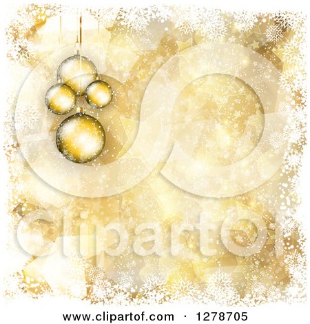 Clipart of a Gold Christmas Background of 3d Suspended Ornaments, Bokeh, Stars and White Snowflake Borders - Royalty Free Vector Illustration by KJ Pargeter